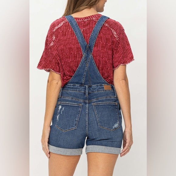 NWOT Judy Blue High Waist Destroyed Double Cuff Overall Denim Shorts Dark Wash - Picture 3 of 14